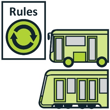 A document titled Rules with an update symbol on it. Next to it is an icon for a bus and a tram.
