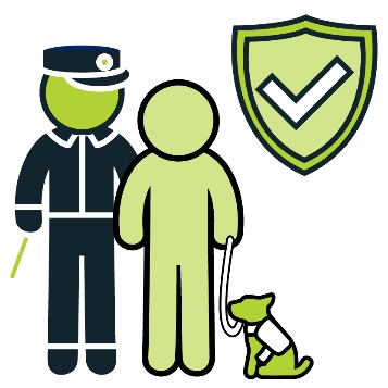 A police officer assisting a person with a guide dog. There is a shield with a tick next to them.