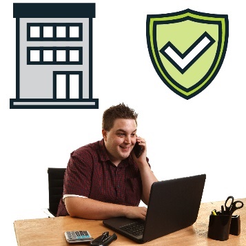 An office building next to a shield with a tick. Below these icons is a man on the phone while using a laptop at a desk.