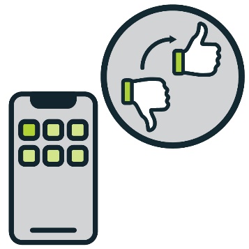 A smartphone. Next to it is an arrow pointing from a thumbs down to a thumbs up.