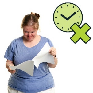 A woman reading a document and a clock with a cross on it.