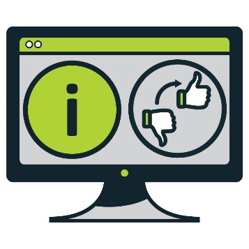 A computer screen with an information icon and an arrow pointing from a thumbs down to a thumbs up on it.