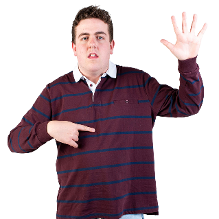 Person pointing to themself with a raised hand.