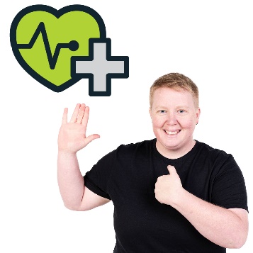 A person pointing to themself with their hand raised. A heart icon with a medical cross on it is next to them.