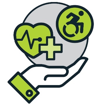 A support hand icon holding a heart with a medical cross on it and a disability icon.