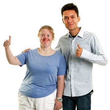 A man supporting a woman. They are both giving a thumbs up.