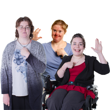 3 women pointing to themselves.