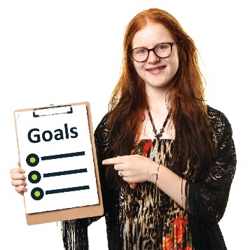 Person pointing to a clipboard with a document titled Goals on it.