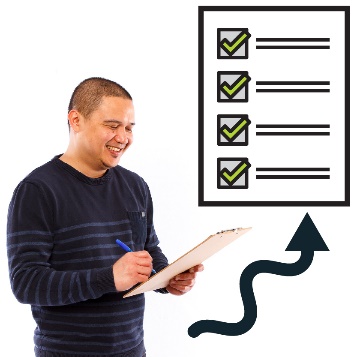 A smiling man writing on a clipboard. An arrow point from him to a document with multiple ticked checkboxes.