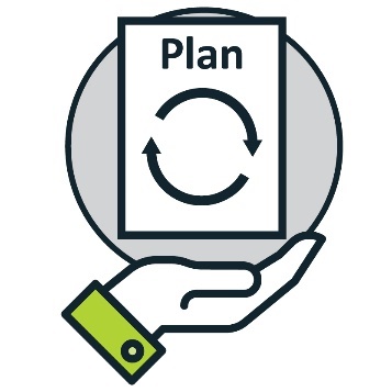A supporting hand icon holding a document titled plan with an update icon.