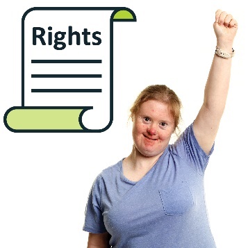 Document titled Rights, next to it is a woman with a raised arm.