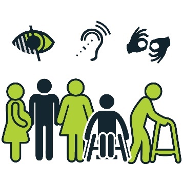 Many different disability icons and icons of people with different disabilities or impairments.