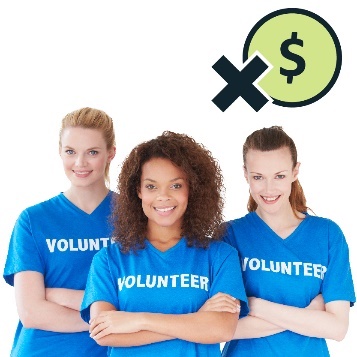 A group of happy volunteers next to a money symbol with a cross on it.