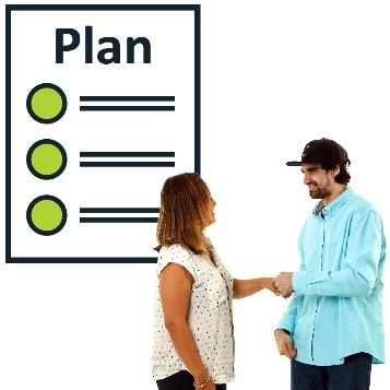 A plan document next to two people shaking hands.