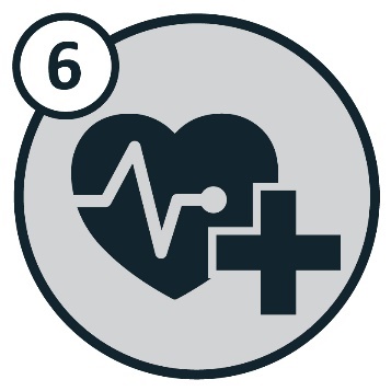 Number 6 next to a heart icon and the medical cross.