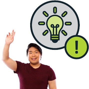Man with a raised arm next to the icon of a glowing lightbulb with an exclamation mark.