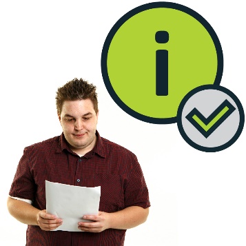 Man reading a document, next to him is the information icon with a tick next to it.