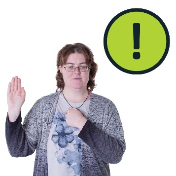Person pointing to themselves and raising their other hand, next to them is an exclamation mark.