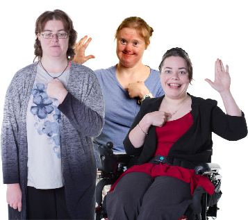 3 women pointing to themselves.