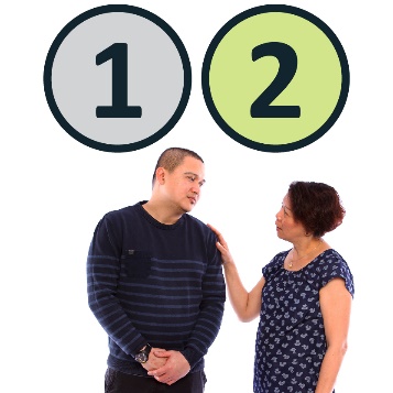 Decision bubbles numbered one and 2. Below them is a woman placing a supportive hand on the shoulder of man she is talking to.
