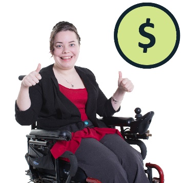 A happy woman with a money symbol next to her.