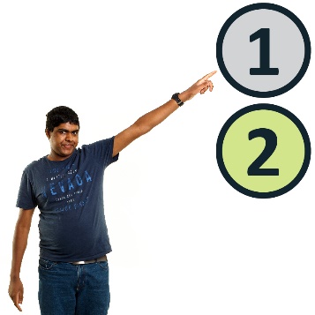 Decision bubbles numbered one and 2. There is a man pointing to the bubble numbered one.