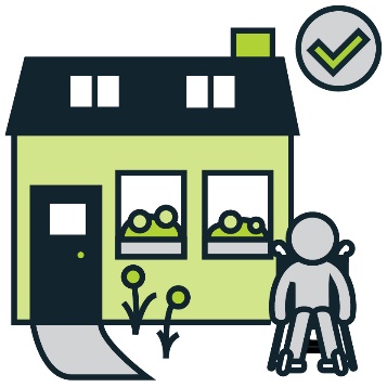A person in a wheelchair next to a house with a tick.