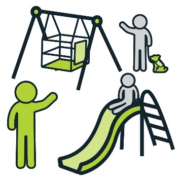 A park playground with a wheelchair accessible swing and a person with a guide dog.