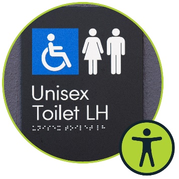 An accessible toilet sign with the accessibility icon next to it.